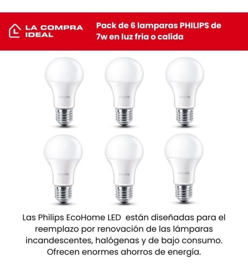 Pack 6 Lámparas Led Philips 7w E27 - Imagen 3