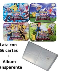 Lata metalica para cartas Pokemon + 56 cartas + Album transparente