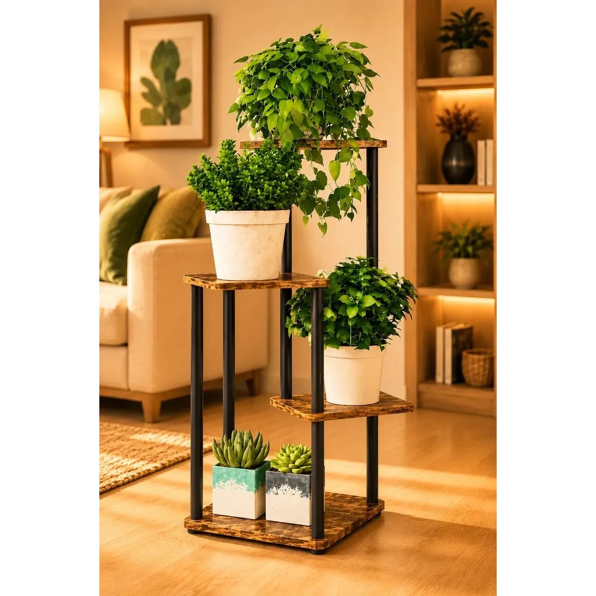 Soporte Plantas Metal Y Madera 4 Niveles Porta Macetas